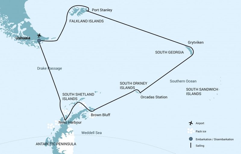 Falkland Islands - South Georgia - Antarctica - route